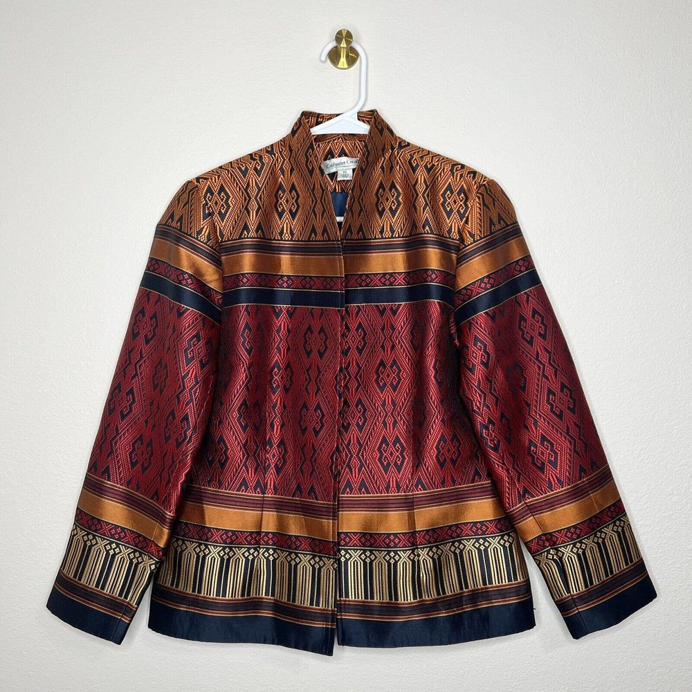 Coldwater Creek Petite Navy Blue Red Orange Navajo Stripe Open Front Jacket 6P